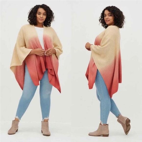 Torrid Ruana Tricolor Dip Dye Ombre Cream Pink Knit Poncho OS Plus Size - Picture 1 of 7